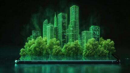 Poster - Green city skyline digitally projected onto a smartphone screen, surrounded by lush trees and fog.