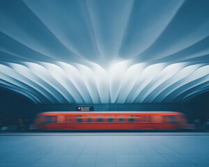 Fototapete - Metro Station in Motion Commuters at a Modern Metro Station, Metro Lighting and Architecture, Metro Architecture and Efficiency, Metro at Dusk
