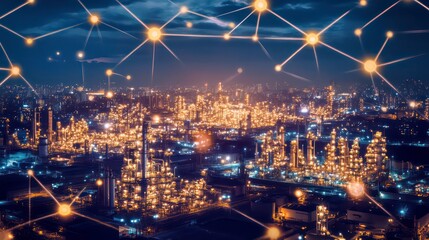 Aufkleber - Night cityscape with industrial complex illuminated, overlaid with a network connection graphic.