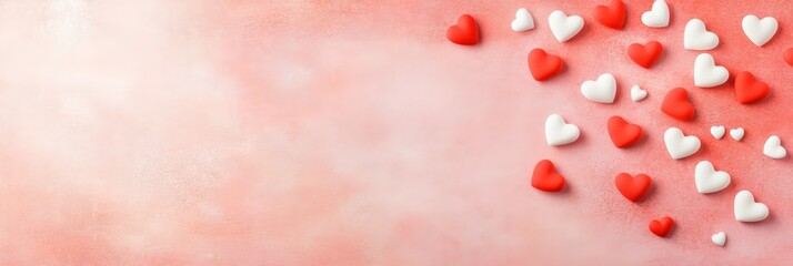 Poster - Red and white candy hearts scattered on a pink background create a romantic valentine's day or love themed image, offering copy space for text or design elements