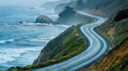 Sticker -   A winding road along a cliffside overlooking the vast ocean