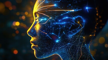 Poster - Humanoid Head in Side View with Blue and Yellow Light Patterns
