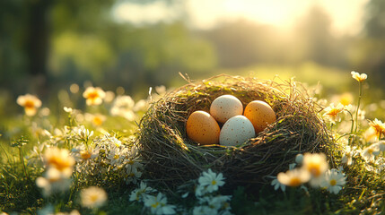 Wall Mural - Nesting bird laying eggs in a cozy natural environment close-up