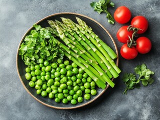 Wall Mural - Fresh Spring Vegetables on Rustic Plate - Asparagus, Peas, and Cilantro Arrangement