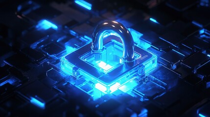Poster - Glowing Blue 3D Digital Padlock Symbol with Futuristic Design