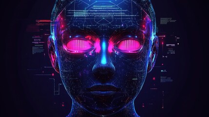 Poster - Futuristic Humanoid Robot Face with AI Elements in Abstract Design