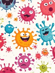 Poster - Playful cartoon viruses engage in a whimsical battle against antibodies in a colorful cartoon setting. Generative AI