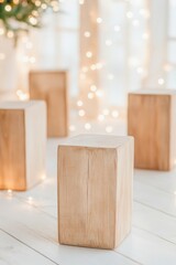 Poster - Warm Ambiance Wooden Blocks with Soft String Lights in Minimalist Setting