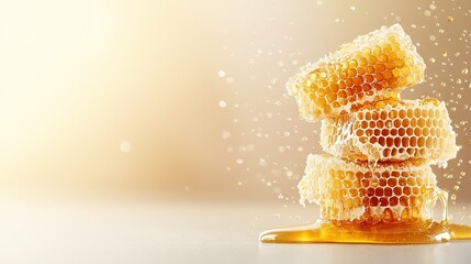 Canvas Print -   A honeycomb with honey dripping and a honey dipper on a white surface