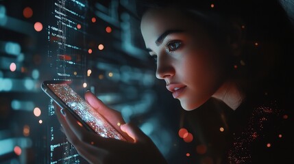 Poster - Futuristic Businesswoman Engaging with AI Technology in Digital Scene