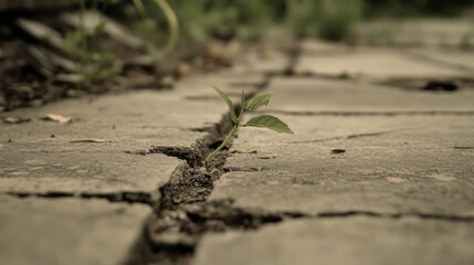 Wall Mural - Small plant sprouting through cracked pavement.