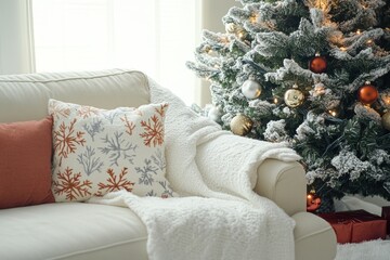 Wall Mural - White couch with a white blanket and a red pillow with snowflakes on it. A Christmas tree with ornaments and lights