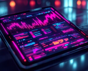 Poster - Neon Financial Insights on Tablet Modern Digital Finance and Investment Visualization