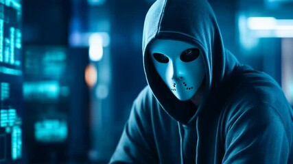 Poster - Hacker in mask working on computer. Dark operating room with multiple monitors. Cybercrime, attack and cyberattack concept. Cybersecurity, data protection.