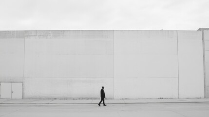 Wall Mural - Solitary figure walking in front of a large, blank concrete wall.