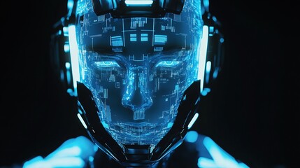 Poster - Futuristic Humanoid Robot Face with AI Elements and Digital Lines