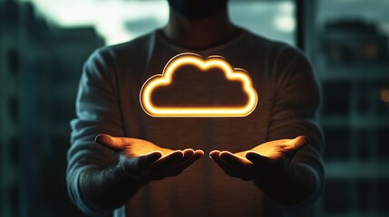 Poster - Person Holding Hologram Display with Cloud Icon in Dark Environment