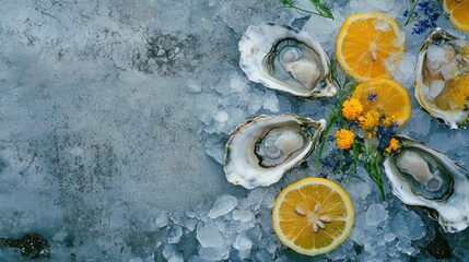 Poster - Fresh oysters on ice with lemon slices and flowers.