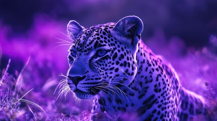 Wall Mural - leopard is standing in a purple field. the leopard is looking at the camera. the purple field is a b