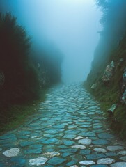 Sticker - Narrow path with a stone walkway and a few trees. The path is surrounded by a foggy atmosphere