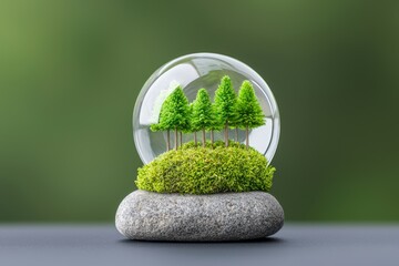 Wall Mural - Globe made of glass resting on green moss in a forest, symbolizing environmental conservation, Earth Day, and the importance of saving the world