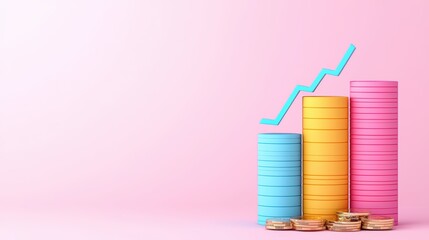 Poster - Growth Concept with Colorful Stacks and Coins on Pink Background