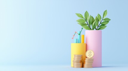 Poster - Modern Financial Growth Concept with Plants and Coins on Blue Background