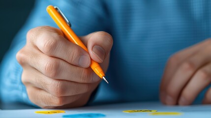 Poster - Hand Holding Orange Pen Over White Paper with Colorful Stickers