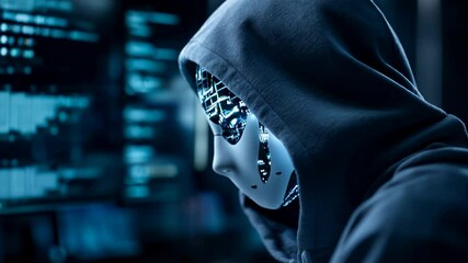 Poster - Hacker in mask working on computer. Dark operating room with multiple monitors. Cybercrime, attack and cyberattack concept. Cybersecurity, data protection.