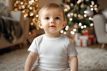 Wall Mural - Baby is sitting on the floor in front of a Christmas tree. The baby is wearing a white shirt and is smiling