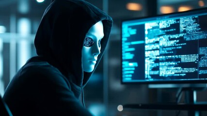 Poster - Hacker in mask working on computer. Dark operating room with multiple monitors. Cybercrime, attack and cyberattack concept. Cybersecurity, data protection.