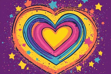 Poster - Colorful heart with stars surrounding it. The heart is yellow and purple