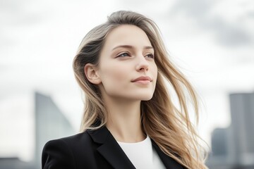 Wall Mural - Woman with blonde hair and a black jacket. She is wearing a white shirt