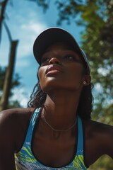 Wall Mural - Woman wearing a blue tank top and a black hat is looking up at the sky. The hat is a visor and the woman is wearing a necklace