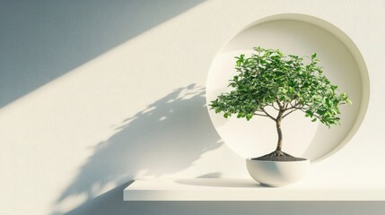Poster - Small green bonsai tree in white pot on shelf, sunlight casts shadow on wall.