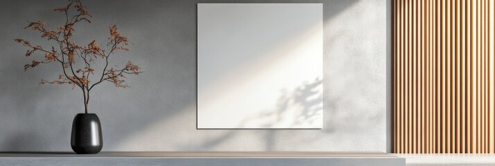 Poster - Sunlight illuminating a minimalist interior with a blank frame mockup, a decorative vase, and a wooden wall, creating a serene and stylish atmosphere