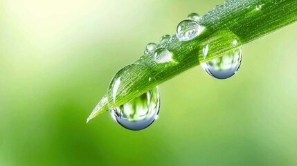 Wall Mural -   Close-up of two water droplets on a green grass leaf, with blurred background grass