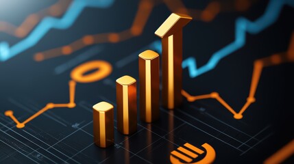 Poster - Orange Bar Graph Rising on Dark Background with Trend Lines and Charts