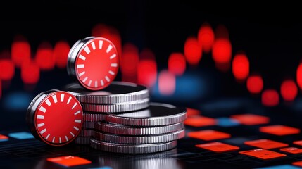 Poster - Stacked Coins with Red Symbols over Financial Data Background