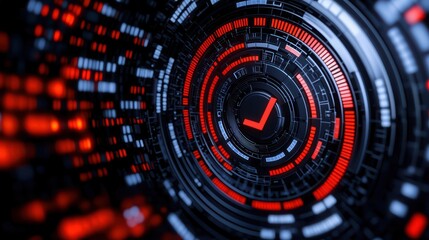 Poster - Abstract Red and Black Digital Circuit Design with Check Mark Symbol