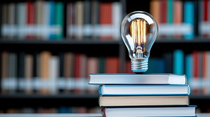 Poster - A radiant lightbulb positioned on a stack of books illustrates the fusion of knowledge and creativity