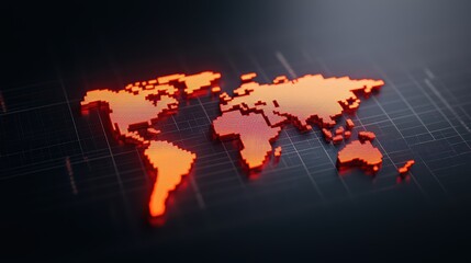 Poster - Bright Red Pixelated World Map on Dark Background with Grid Lines