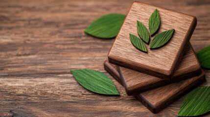 Wall Mural - Natural wood coasters with green leaf design on wooden surface