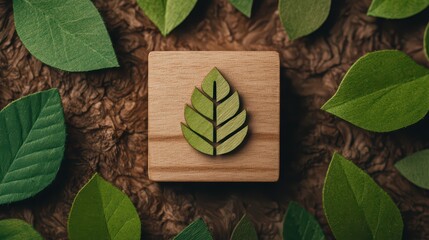 Wall Mural - Green Leaf Icon on Wooden Block Surrounded by Fresh Leaves