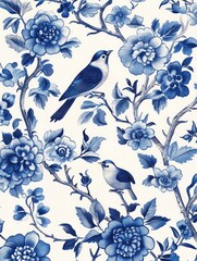 Poster - Blue and white floral print with two birds on it. The birds are perched on branches and the flowers are scattered throughout the design. Scene is peaceful and serene, with the birds