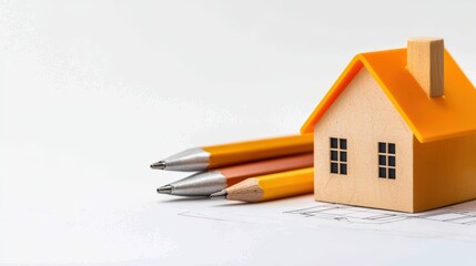 Poster - Miniature house model with pencils and blueprint on white background