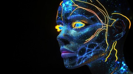 Poster - Side View of a Humanoid Head with Blue and Yellow Lines Illuminated