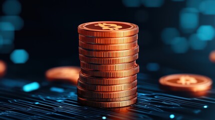 Poster - Stacked Bitcoin Coins on a Modern Digital Background Displaying Technology