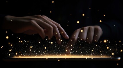 Poster - Male Using Online Banking on Tablet with Hands in Dark Background