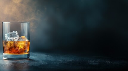 Wall Mural -   Glass of whiskey on dark surface with ice cubes and smoke rising from top